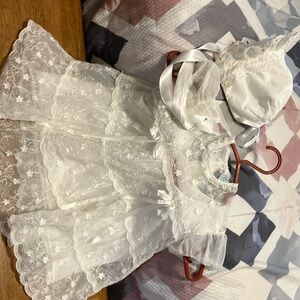 Gorgeous hand crafted , vintage eyelet n embroidered 3 pc baby christening set